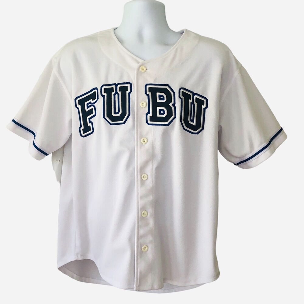 FUBU Sport Jersey Teen ML(16/18) White W/Blue Logo Short Sleeve Button Up